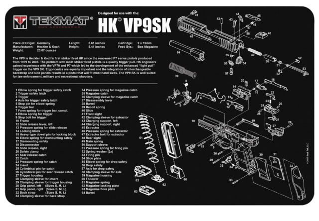 BECK TEK, LLC TEKMAT TEKR17HKVP9SK HK VP9SK Handgun Cleaning Mat 11x17x1/8 by USA TekMat Gunsmithing Shooting Bench Mats