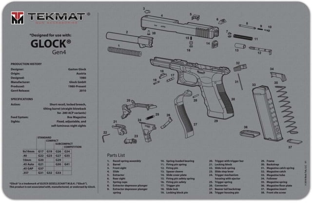 BECK TEK, LLC TEKMAT TEKR20GLOCKG4GY Glock Ultra Premium 15x20x.25 by USA TekMat Gunsmithing Shooting Bench Mats