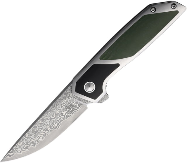 Begg Knives Diamici Damascus Knife w/ Black/Green Micarta Inlay 4in Closed 3in Damascus Steel Blade Stainless Steel Handle w/ Black/Green Micarta