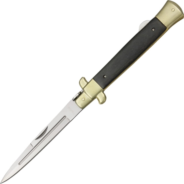 Benchmark Large Stiletto Folding Knife 4.75in Mirror False Edge SS Stiletto Style Blade Black Wood Handle Brass Bolster Black - Benchmark
