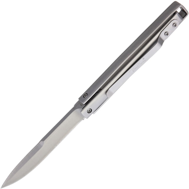 Benchmark Paratrooper Folding Knife 3.5in Satin Double Edge SS Dagger Blade SS Handle Glass Breaker Pocket Clip Blade Enclosed By Handle When Not In - Benchmark