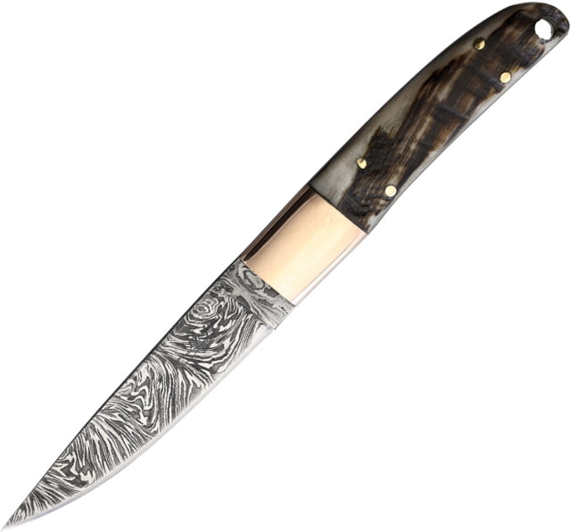 Benjamin Ram Horn Fixed Blade Knife 8.88in Overall 4.25in Damascus Steel Blade Ram's Horn Handle Leather Sheath - Benjamin