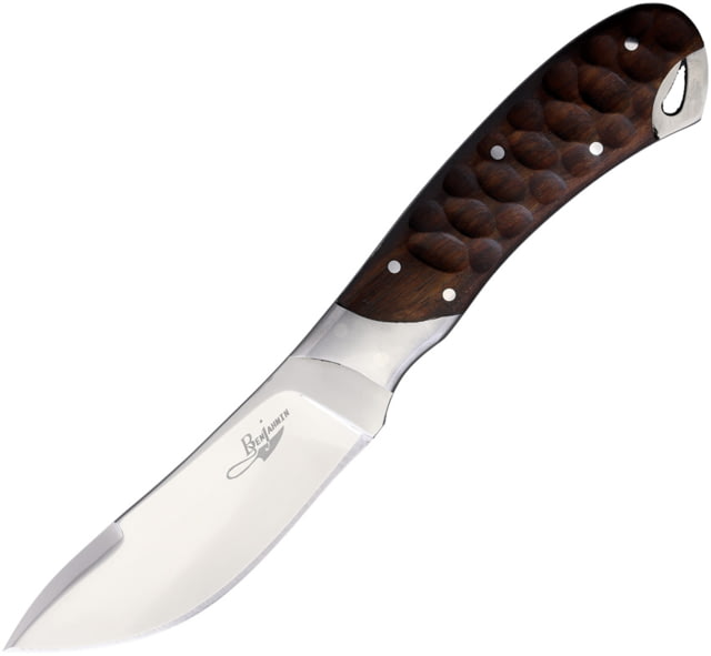 Benjamin Skinner Fixed Blade Knife 8in Overall 3.75in Stainless Steel Mirror Blade Sculpted Walnut Handle Leather Sheath - Benjamin