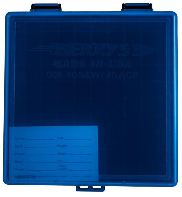 USED Berrys  008 Ammo Box 40 S&W45 ACP 100rd Blue Lid W/Black Bottom EDEMO1 Used Condition Fair Missing Item - Berry's Manufacturing