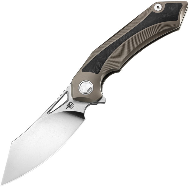 Bestech Knives Kasta Framelock Bronze Folding Knife 3.5" stonewash and satin finish Bohler M390 stainl Bronze titanium handle with carbon fiber inlay - Bestech Knives