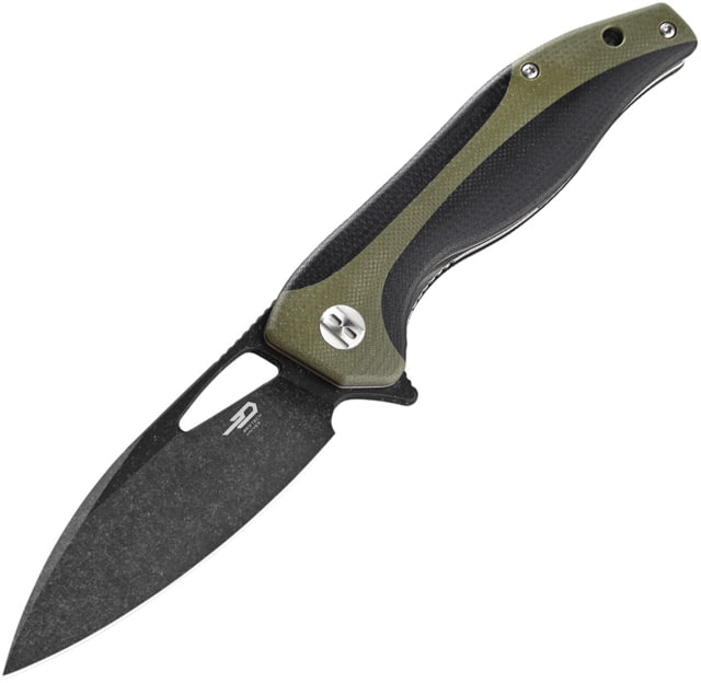 Bestech Knives Komodo Linerlock Green Folding Knife 3.38" black stonewash finish D2 tool steel blade Black and green G10 handle - Bestech Knives