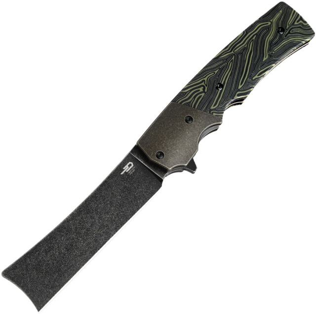 Bestech Knives Spanish Tip Razor Framelock Folding Knife 3.75" black stonewash finish Bohler M390 stainless Black and green G10 handle - Bestech Knives