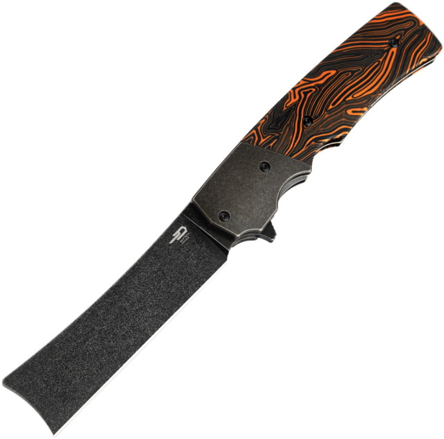 Bestech Knives Spanish Tip Razor Framelock Folding Knife 3.75" black stonewash finish Bohler M390 stainless Black and orange G10 handle - Bestech Knives