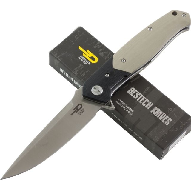 Bestech Knives Swordfish  in 3.8 in Plain Edge Folding Blade Black and Beige G10 Handle - Bestech Knives