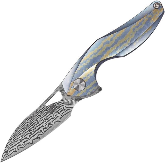 Bestech Knives The Reticulan Framelock Blue Folding Knife 2in Damascus Steel Drop Point Blue/Gold Anodized Titanium HandleCeramic Ball Bearings Black - Bestech Knives