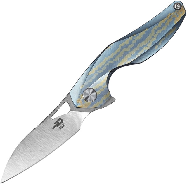 Bestech Knives The Reticulan Framelock Folding Knife 2in Cpm S35Vn SS Blade Blue/Gold Anodized Titanium Handle Thumb Pull Pocket Clip Stonewash And - Bestech Knives