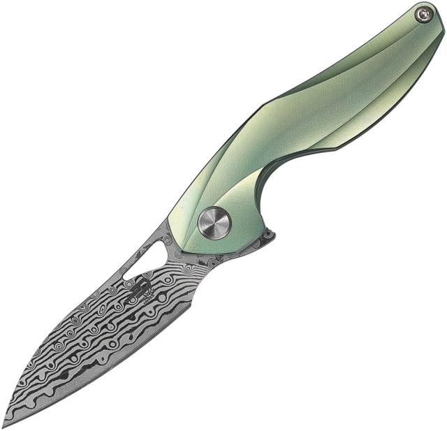 Bestech Knives The Reticulan Framelock Folding Knife 2in Damascus Steel Drop Point Green Satin Titanium HandleCeramic Ball Bearings Black Kydex Neck - Bestech Knives