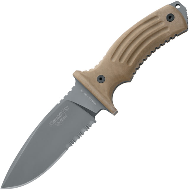 Black Fox Tora Fixed Blade Tan Knife 5" gray titanium coated partially serrated 440C st Coyote tan G10 handle - Black Fox