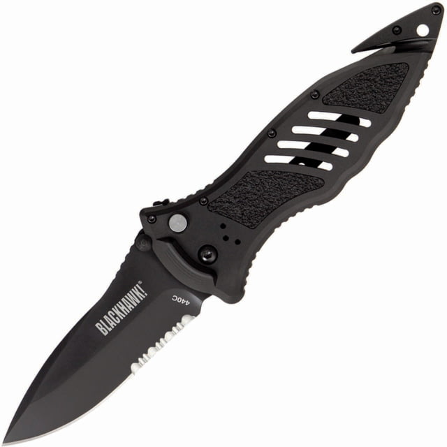 BlackHawk Large Button Lock Folding Knife 3.75in D2 Tool Steel Partial Serrated Reinforced Nylon w/ 420J Stainless Steel Liners Handle Black - Blackhawk