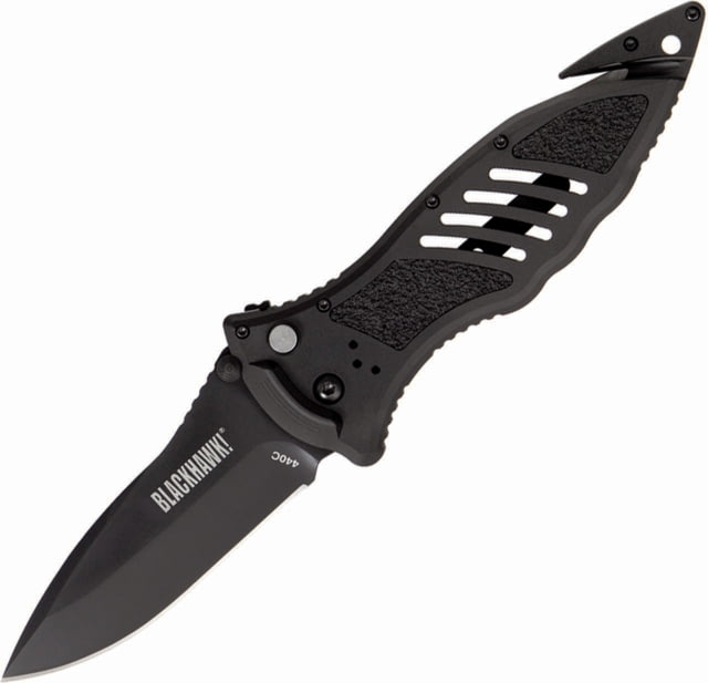 BlackHawk Large Button Lock Folding Knife 3.75in D2 Tool Steel Plain Edge Reinforced Nylon w/ 420J Stainless Steel Liners Handle Black - Blackhawk