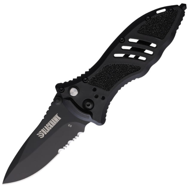 BlackHawk Small Button Lock Folding Knife 3.25in D2 Tool Steel Partial Serrated Reinforced Nylon w/ 420J Stainless Steel Liners Handle Black - Blackhawk