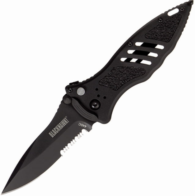USED BlackHawk Small Button Lock Folding Knife 3.25in D2 Tool Steel Partial Serrated Reinforced Nylon w/ 420J Stainless Steel Liners Handle Black - Blackhawk