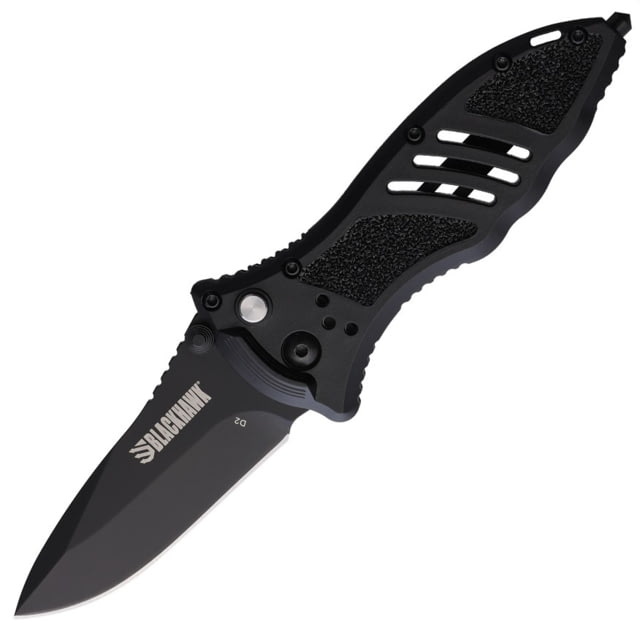 BlackHawk Small Button Lock Folding Knife 3.25in D2 Tool Steel Plain Edge Reinforced Nylon w/ 420J Stainless Steel Liners Handle Black - Blackhawk
