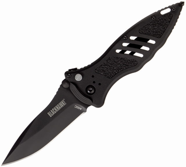 BlackHawk Small Button Lock Folding Knife 3.25in D2 Tool Steel Plain Edge Reinforced Nylon w/ 420J Stainless Steel Liners Handle Black