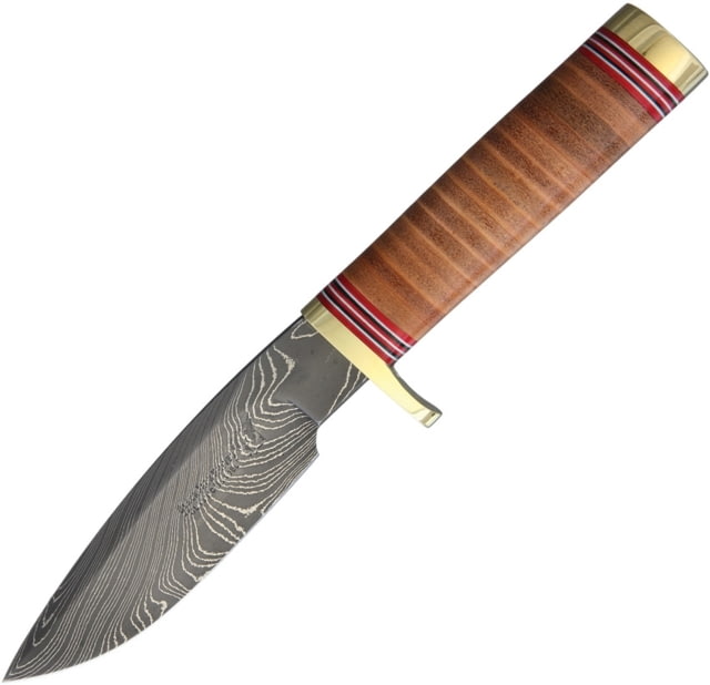 Blackjack Classic Model 125 Damascus Fixed Blade Knife 9.25in Overall 5in Damascus Steel Drop Point Stacked Leather Handle Brass Guard And Pommel - Blackjack