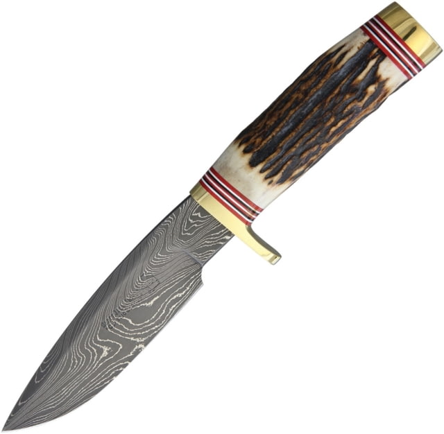 Blackjack Classic Model 125 Damascus Fixed Blade Knife 9.25in Overall 5in Damascus Steel Drop Point Stag Bone Handle Brass Guard And Pommel Brown - Blackjack