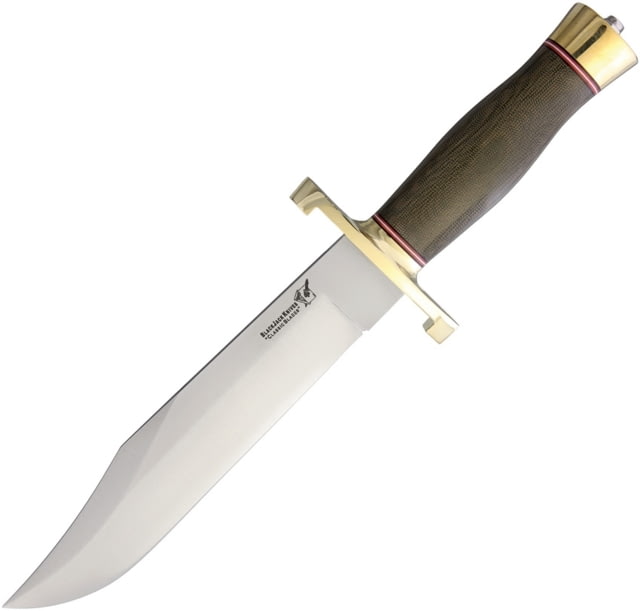 Blackjack Model 129 Bowie Fixed Blade Knife 15in Overall 9.25in Satin A2 Tool Steel Clip Point Blade Green Canvas Micarta Handle Brown Leather Belt - Blackjack