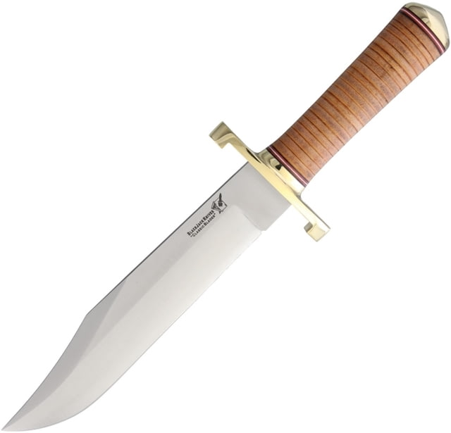 Blackjack Model 129 Bowie Fixed Blade Knife 15in Overall 9.25in Satin A2 Tool Steel Clip Point Blade Stacked Leather Handle Brown Leather Belt Sheath - Blackjack