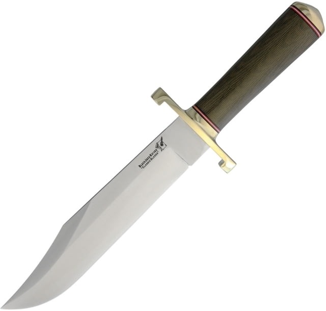Blackjack Model 129 Bowie Tapered Fixed Blade Knife 15in Overall 9.25in Satin A2 Tool Steel Clip Point Blade Green Canvas Micarta Handle Brown Leather - Blackjack