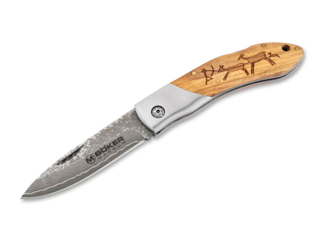 Boker Magnum Caveman Damascus Folding Knife 4.38in Closed 3.25in Damascus Steel Blade Brown Wood Handle - Boker