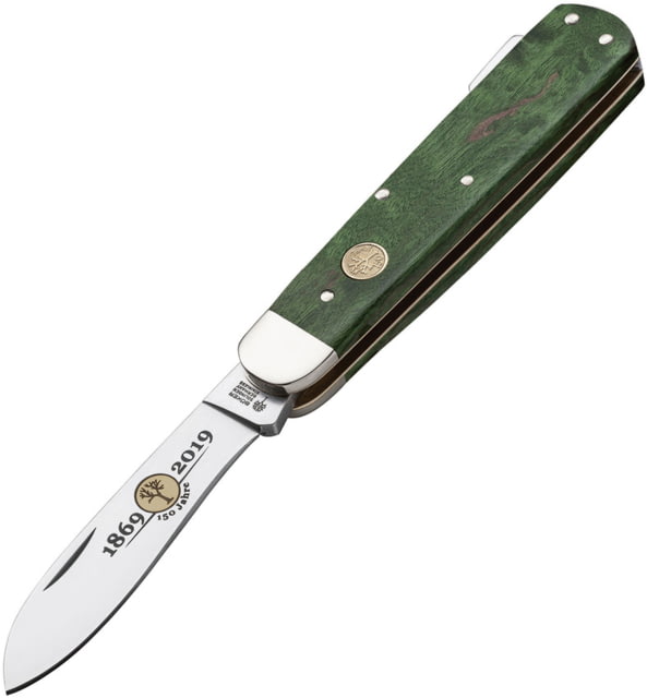 Boker Hunting Lockback Folding Knife 3.5" Bohler N690 stainless blade Green curly Birch handle