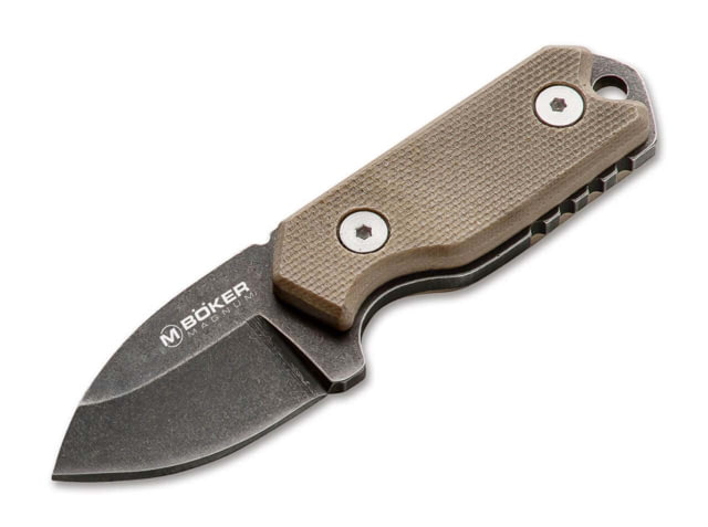 Boker Magnum Lil Friend Micro Fixed Blade Knife 3.38in Overall 1.38in 440A Black Stonewash Drop Point Blade Tan G10 Handle Kydex Sheath - Boker