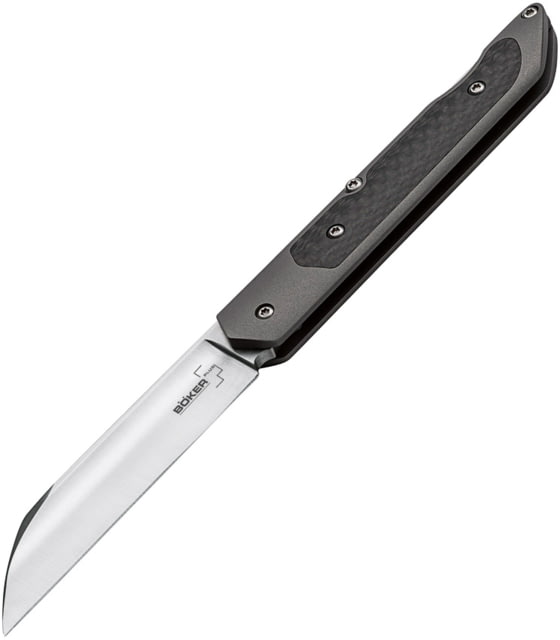 Boker Plus Genios Lockback Folding Knife 3" satin finish VG-10 stainless sheepsfoot blade Black titanium handle with carbon fiber inlay - Boker Plus