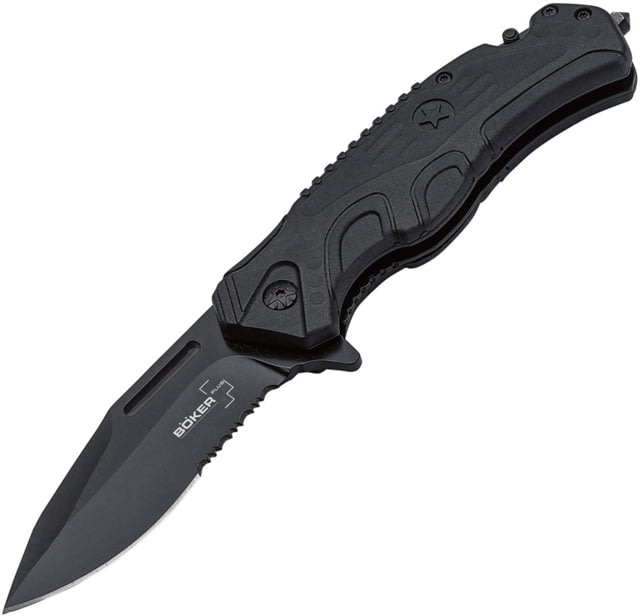 Boker Plus Savior 2 Linerlock Black Folding Knife 3.38" black partially serrated 12C27 Sandvik stain Black FRN handle with black TPR inlay - Boker Plus