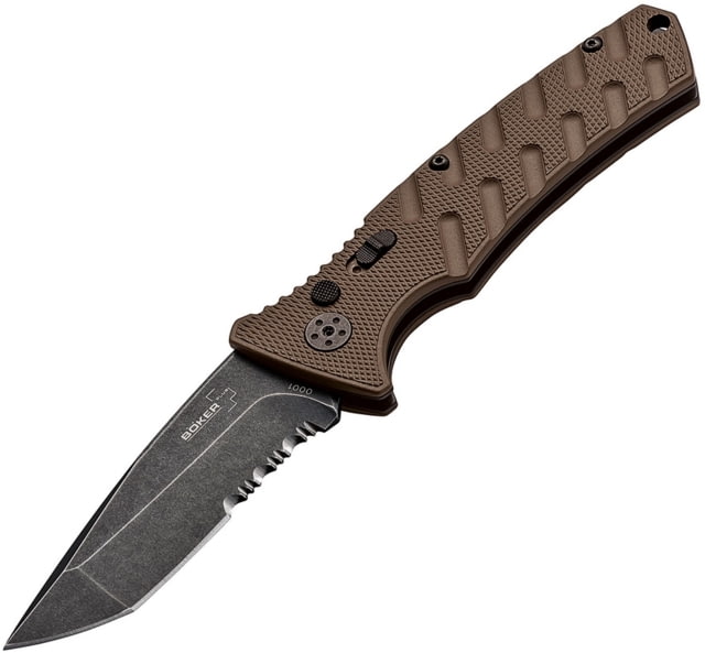 Boker Plus Strike Button Lock Coyote Folding Knife 3.25in Black Stonewash Partially Serrated Aus-8 SS Tanto Blade Coyote Brown Textured Aluminum - Boker Plus