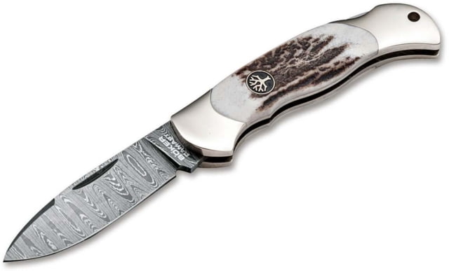 Boker Solingen Junior Scout Spearpoint Folding Knife 2.76in Damascus Nickel Silver Stag Brown Handle - Boker Solingen