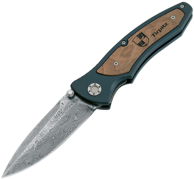 Boker Tirpitz Damascus Linerlock Folding Knife Damascus steel blade Black aluminum handle with Walnut inlay