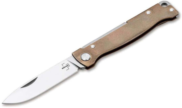 Boker Plus Atlas Brass Folding Knife 2.76 in Sandvik 12C27 Drop Point Blade Brass Gold Handle
