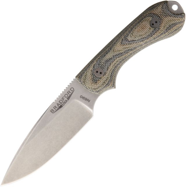 Bradford Knives Guardian 3 3D Fixed Blade Knife 3.5in N690 Steel Standard Edge Stonewash Green Canvas Micarta Handle 1366 3FE-109-N690 - Bradford Knives
