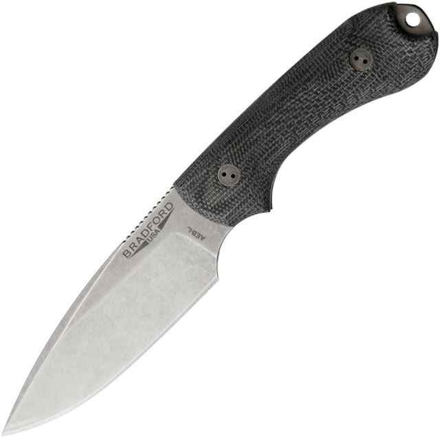 Bradford Knives Guardian 3 Fixed Blade Knife 6.75in Overall 3.5in Stonewash Aeb-L SS Blade Black Canvas Micarta Handle Brown Leather Belt Sheath Black - Bradford Knives