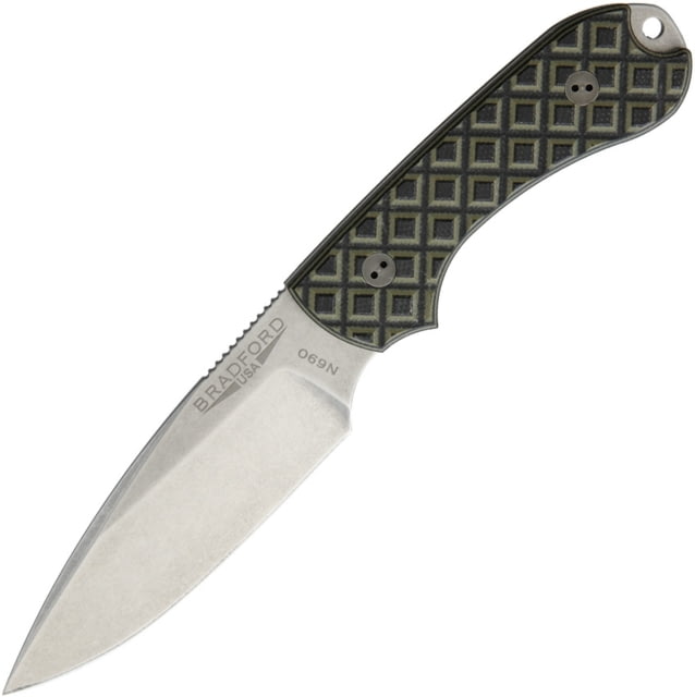 Bradford Knives Guardian 3 OD Green/Black Fixed Blade Knife 6.75in Overall 3.25in Stonewash Bohler N690 SS Drop Point Textured G10 Handle Brown
