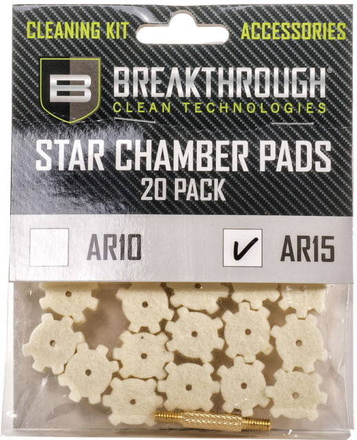 DEMO Breakthrough Clean Technologies AR-15 Star Chamber Pad - 20 Pack with 8-32 Thread Male/Male Adapter BT-AR15SCP-20PK - Breakthrough Clean Technologies