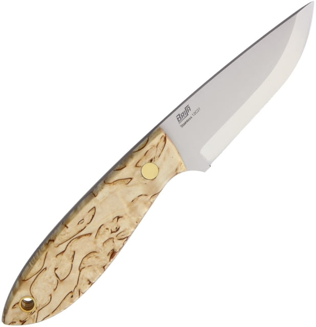 Brisa Bobtail 80 Birch Fixed Blade Knife 6.75in Overall 3in Satin 12C27 Sandvik SS Drop Point Curly Birch Handle Scandi Grind Blade Leather And - Brisa