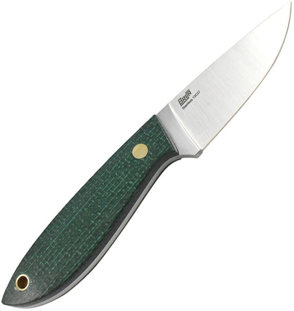 Brisa Bobtail 80 Green Micarta Fixed Blade Knife 6.75in Overall 3in Satin Sandvik 12C27 SS Blade Scandi Grind Blade Green Yute Micarta Handle Brass - Brisa
