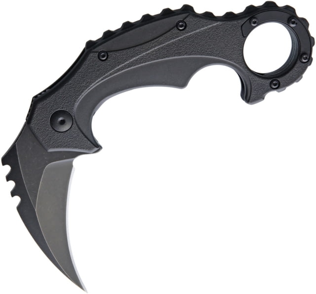 Brous Blades Enforcer Linerlock Acid Stonew Folding Knife 2.75in Acid Washed Finish SS Karambit Blade Black Sculpted Polymer Handle Finger Ring Pocket - Brous Blades