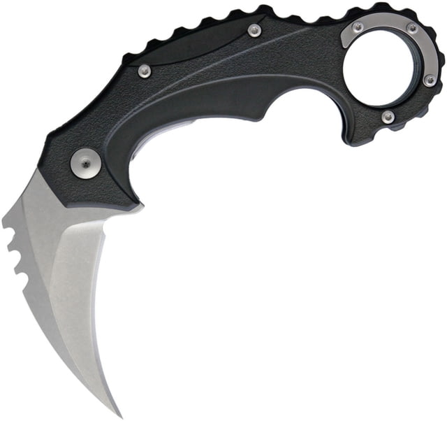 Brous Blades Enforcer Linerlock Folding Knife 2.75in Stonewash SS Karambit Blade Black Sculpted Polymer Handle Finger Ring Pocket Clip - Brous Blades