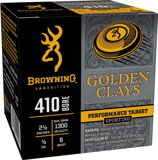 Browning Golden Clays Performance Target Sporting .410 Bore 1/2 Oz 2 1/2in Shotgun Ammo #8 25 Rounds wning Golden Clays Performance Target Sporting .410 Bore 1/2 Oz 2 1/2in Shotgun #8 25 Rounds Ammo