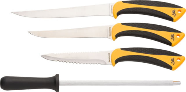Browning 4-Piece Fillet Knife Set 7.25/5.75/4.75in 420J2 Stainless Steel Small Fillet/Large Fillet/Serrated Descaling Polymer Handles w/Rubber - Browning