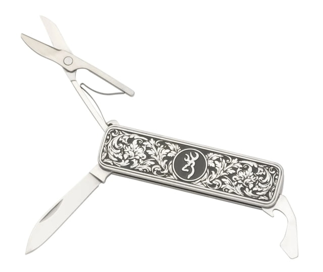 Browning Knife Morgan Folder Multi Function Scroll Engraved Folding Knife 1.75in Sandvik 14C28N Pen Blade Grey Handle