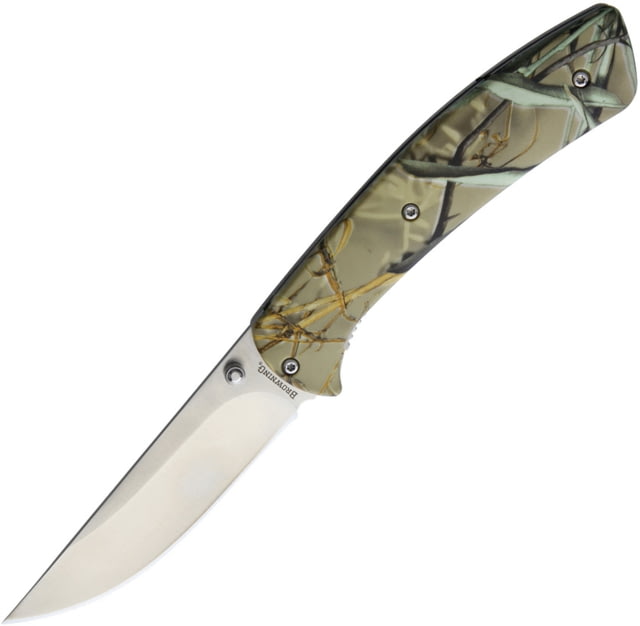 Browning Camo Linerlock Folding Knife 3.5in Satin SS Blade Camo Nylon Handle Thumb Stud Pocket Clip Camo