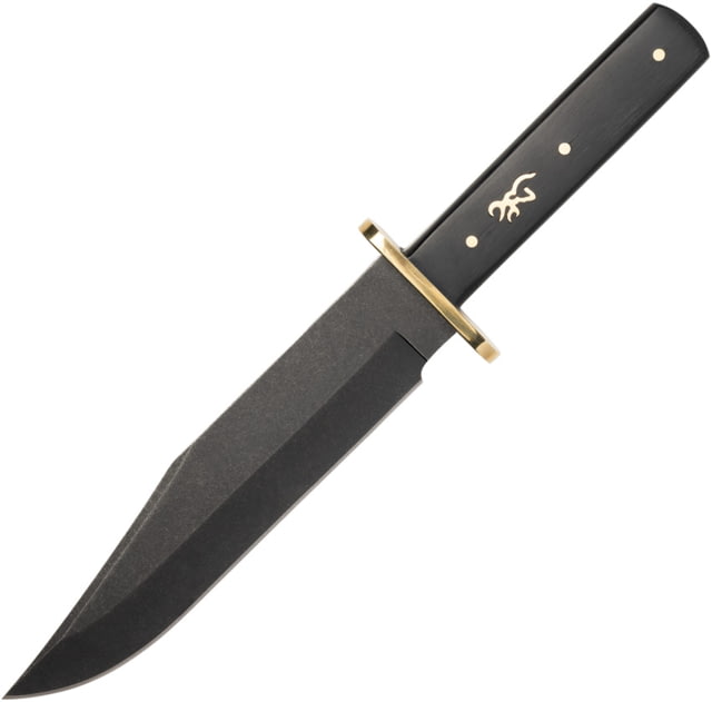 Browning Ebony Bowie 7.5in Fixed Blade Knife 12in Overall 7.5in Black Stonewash Stainless Bowie Blade Ebony Wood Handle Black Leather Belt Sheath - Browning